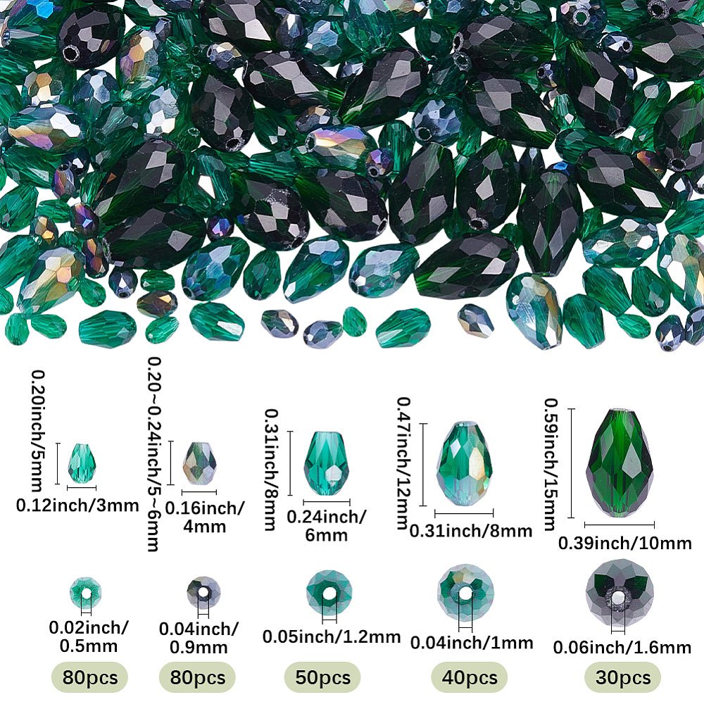 Dråbeformede Glasperler – Grøn, Facetterede (5~15x3~10mm) 280 stk. - Uniq Perler - 125903