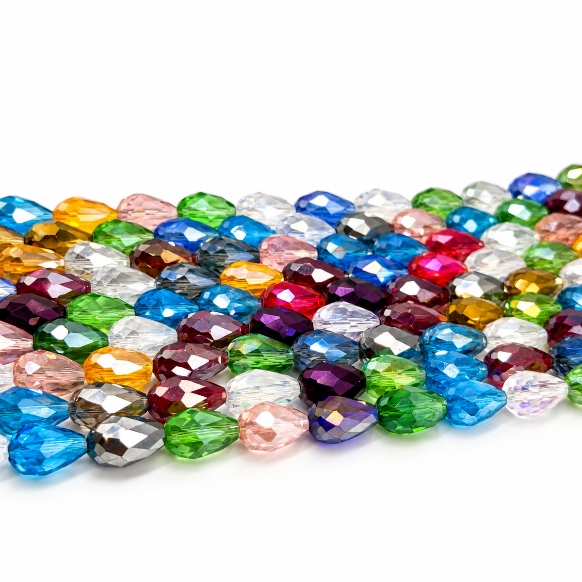 Dråbeformet Glasperler – AB Farve Mix, Facetteret (15x10mm) - Uniq Perler - 111850