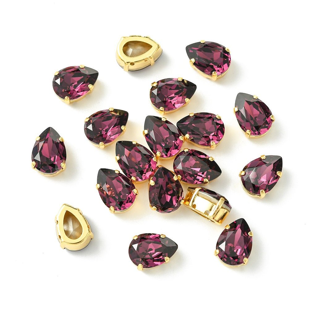 Dråbeformet Preciosa Krystal Mellemled – Ametyst, 18K Forgyldt Messing (14x10mm) - Uniq Perler - 123206
