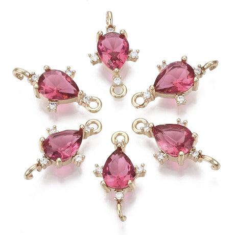 Dråbe Mellemled - Rosa/Cerise Glas, Zirkonia, Forgyldt (9x18mm) 2 stk - Uniq Perler - 732991