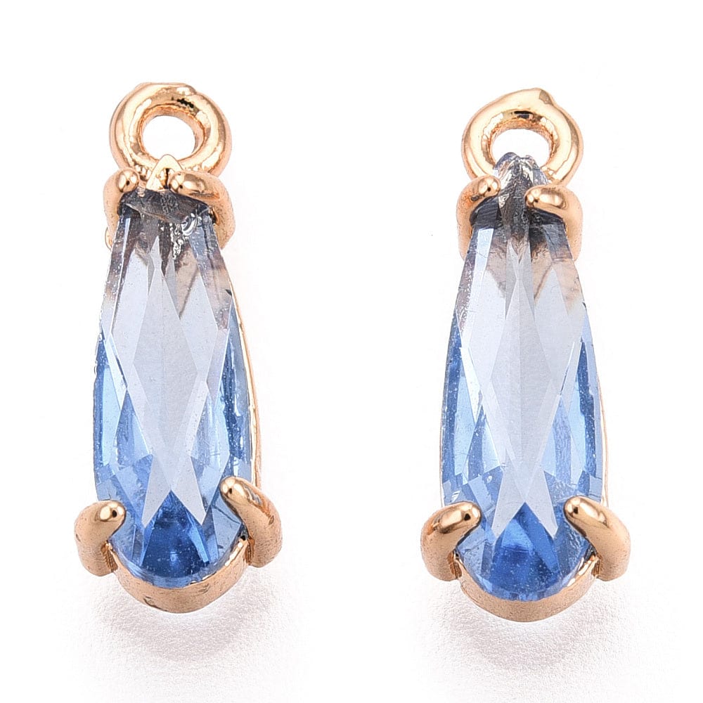 Dråbe Vedhæng Med Facetteret Glas, Blå, Forgyldt, (14,5x4,5x4mm) - Uniq Perler - 113159