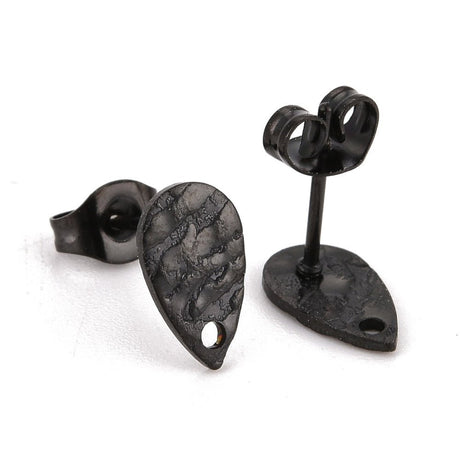 Teardrop-shaped Ear stud With Hole and Texture – Black, Water-resistant Steel (10x6mm) - Uniq Perler - 117450