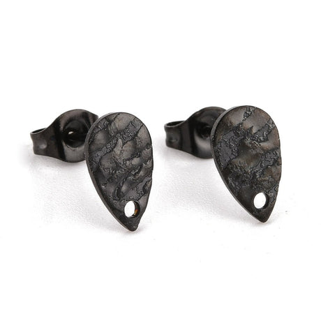 Teardrop-shaped Ear stud With Hole and Texture – Black, Water-resistant Steel (10x6mm) - Uniq Perler - 117450