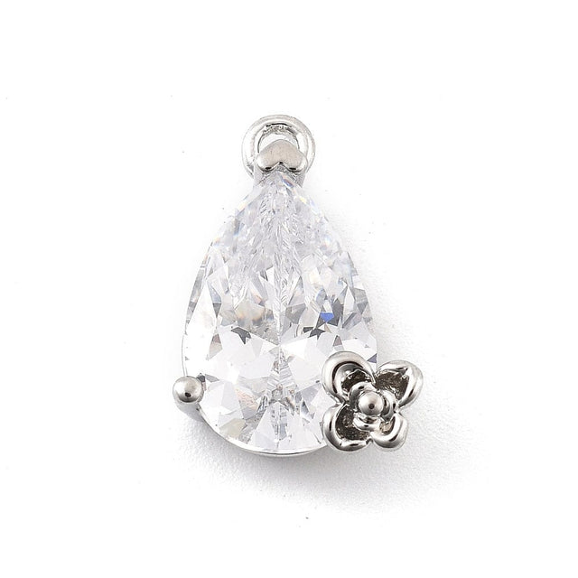 Dråbeformet Vedhæng Med Klar Zirkonia Sten – Platin Farvet (10x15mm) - Uniq Perler - 114758