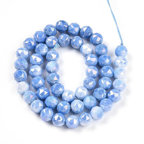 Elektroplatede Glasperler – Blå, Facetteret, Runde (7 - 8mm) - Uniq Perler - 115414