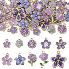 Emalje Blomstervedhæng – Gylden/Lilla Mix (40 stk.) - Uniq Perler - 