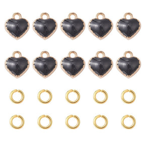 Enamel Heart Pendant – Black with Open jump rings (8mm) 10 pcs. - Uniq Perler - 