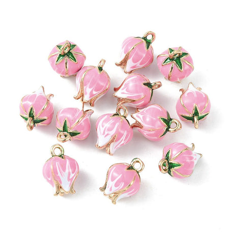 Emalje Vedhæng – Blomster Knop, 18K Forgyldt Messing, Pink (13x9mm) 2 stk. - Uniq Perler - 122535