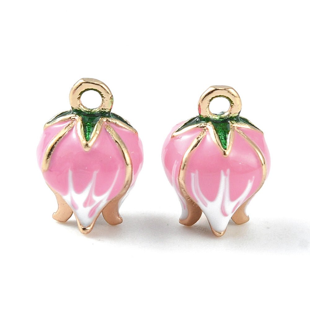 Emalje Vedhæng – Blomster Knop, 18K Forgyldt Messing, Pink (13x9mm) 2 stk. - Uniq Perler - 122535