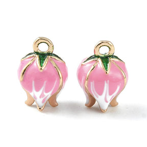 Emalje Vedhæng – Blomster Knop, 18K Forgyldt Messing, Pink (13x9mm) 2 stk. - Uniq Perler - 122535