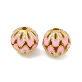 Emailleperlen – rund mit Blume (10,5 mm) – gold/weiß/pink (2 Stk) - Uniq Perler - 