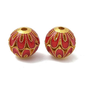 Emailleperlen – rund mit Blume (10,5 mm) – gold/rot (2 Stk) - Uniq Perler - 