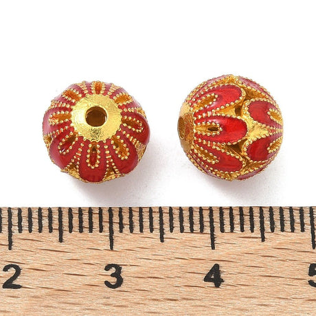 Emailleperlen – rund mit Blume (10,5 mm) – gold/rot (2 Stk) - Uniq Perler - 