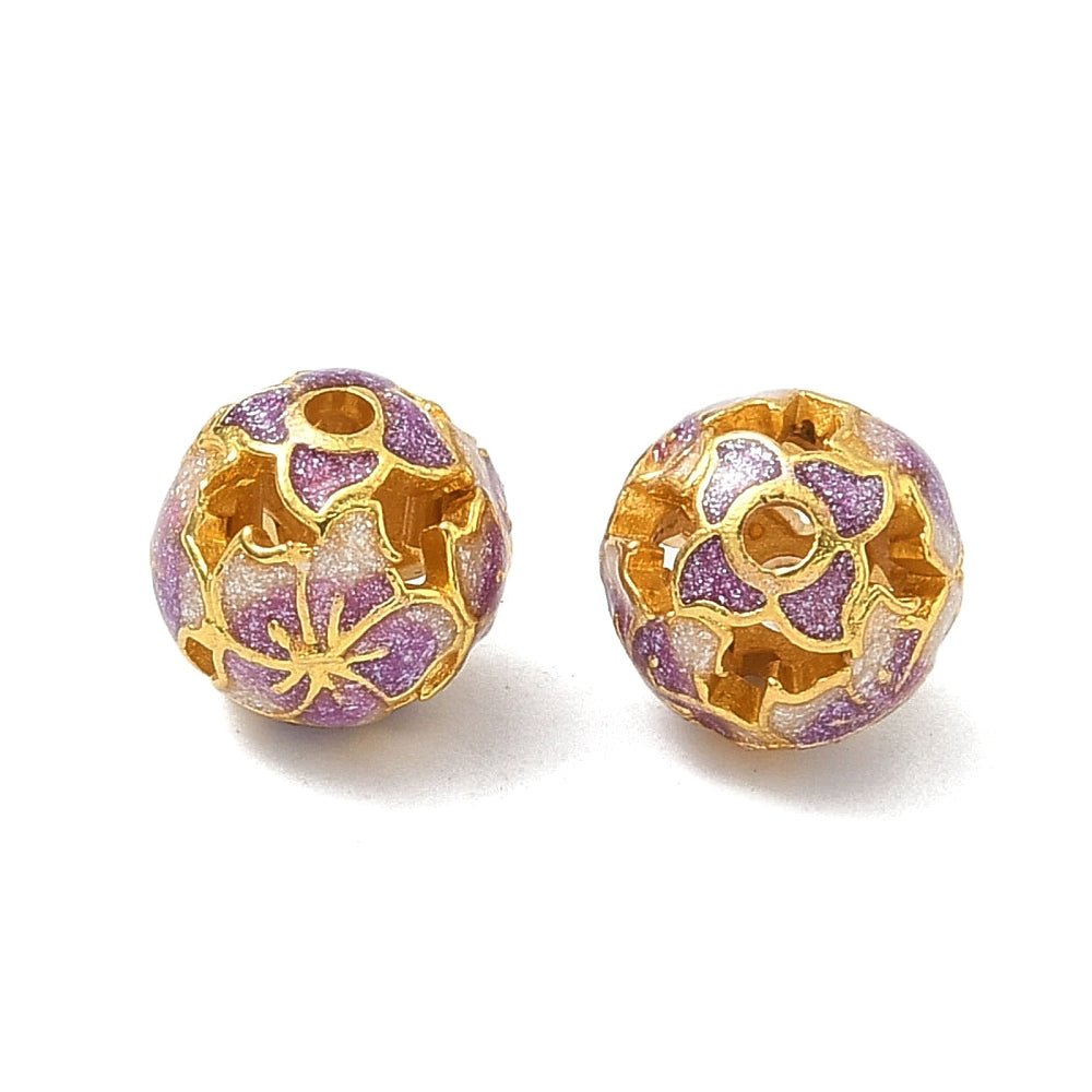 Emailperlen – rund mit Blume (10,5 mm) – gold/violett (2 Stk) - Uniq Perler - 