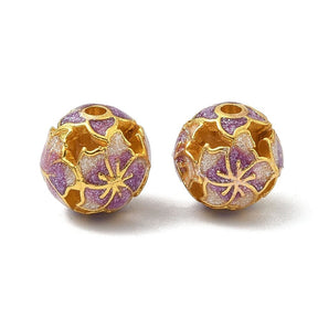 Emailperlen – rund mit Blume (10,5 mm) – gold/violett (2 Stk) - Uniq Perler - 