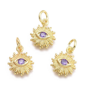 Evil Eye/Sol Vedhæng Med Lilla Zirkonia Sten, 18K Langtidsholdbar Forgyldning, 12,5x10 mm - Uniq Perler - 113944