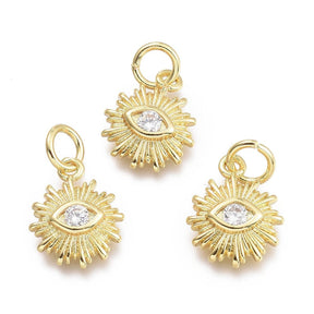 Evil Eye/Sun Pendant With Zircon Stones, 18K Durable Gold plating, 12.5x10mm - Uniq Perler - 113946