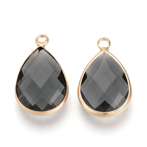 Faceted Glass Pendant – Gray Drop with Brass Suspension (14mm) 2 pcs. - Uniq Perler - 