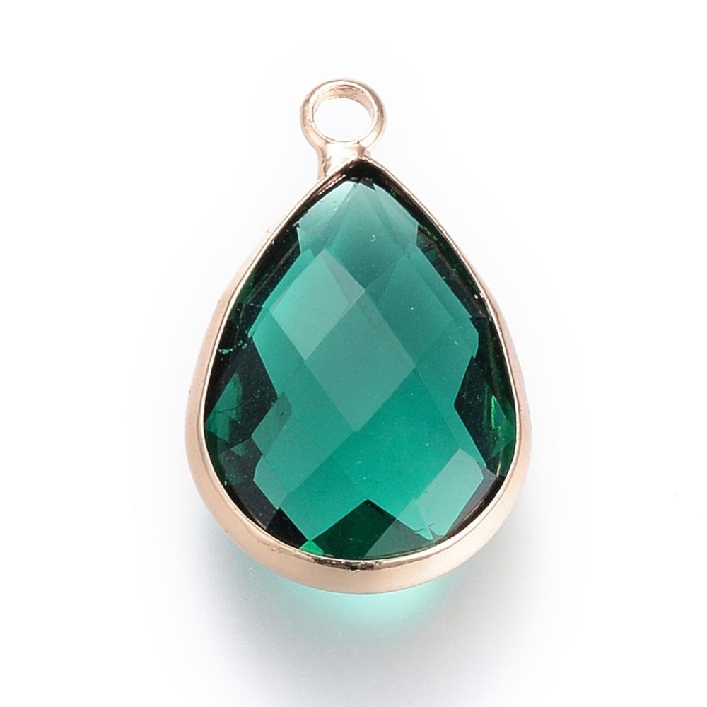 Facetteret Glas Vedhæng – Dråbe Grøn med Messing Ophæng (14mm) 2 stk. - Uniq Perler - 