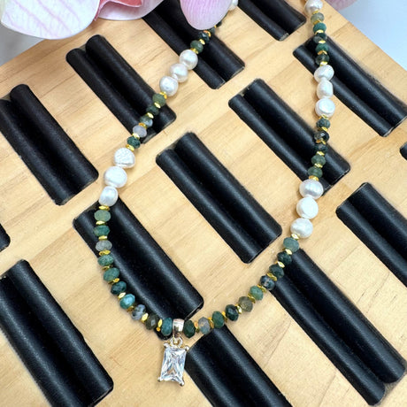 Ferskvandsperle Halskæde Med Agat & Zirkonia (40cm) - Uniq Perler - 404545