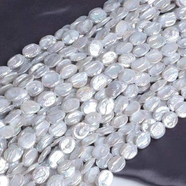 Ferskvandsperler – Hvid, Barok Let Oval Coin (14x15mm), Grade AA - Uniq Perler - 160699