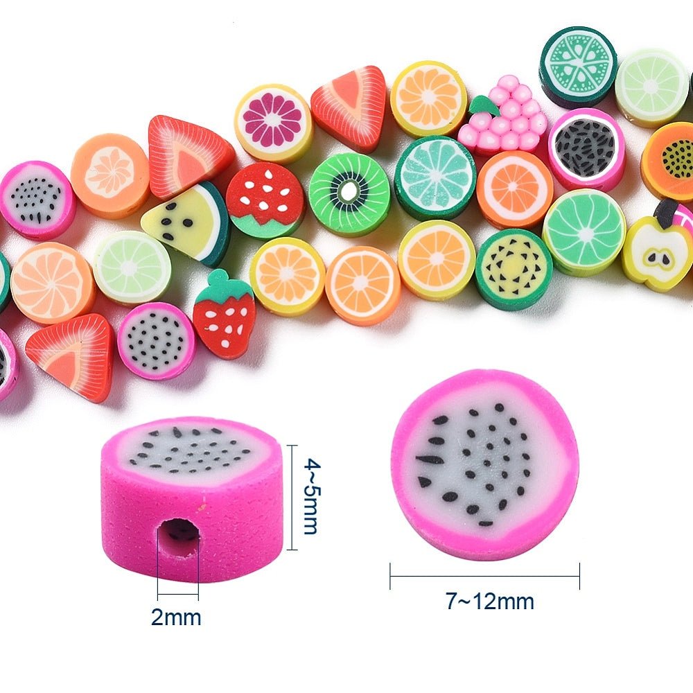 Fimo Frugt Perler Sæt + Elastiktråd (Mix Farver, 100 stk) - Uniq Perler - 