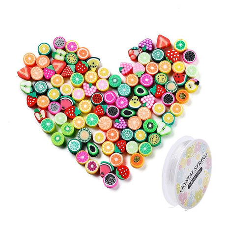 Fimo Frugt Perler Sæt + Elastiktråd (Mix Farver, 100 stk) - Uniq Perler - 
