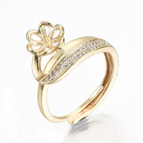 Finger Ring With Zirconia For Top-drilled Pearl – Gold-plated, Adjustable (16–19mm) - Uniq Perler - 114126