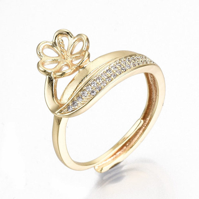 Fingerring Med Zirkonia Til Topboret Perle – Forgyldt, Justerbar (16–19mm) - Uniq Perler - 114126