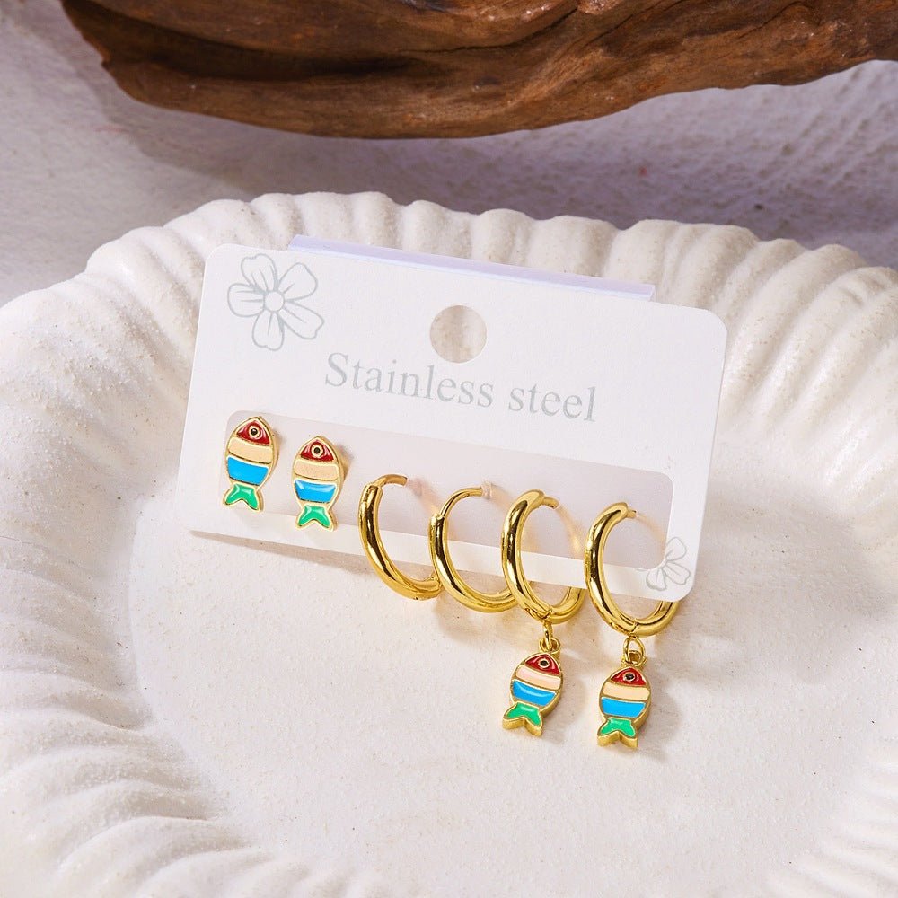 Fisk Ørestikkere Sæt Med Emalje – 18K Forgyldt Stål, Blå (5~28x5~14mm) 3 Par - Uniq Perler - 121822