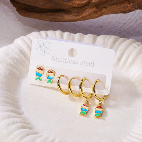 Fisk Ørestikkere Sæt Med Emalje – 18K Forgyldt Stål, Blå (5~28x5~14mm) 3 Par - Uniq Perler - 121822