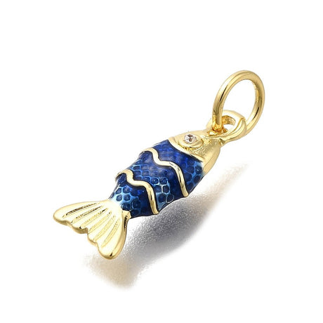 Fisk Vedhæng Med Rhinsten – Mørkeblå Emalje, Messing (15x6,5x3mm) - Uniq Perler - 120980