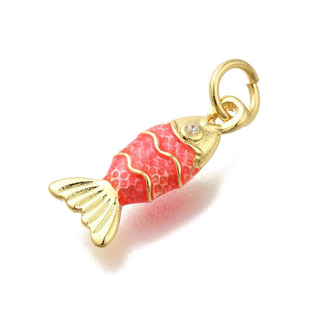Fisk Vedhæng Med Rhinsten – Rød Emalje, Messing (15x6,5x3mm) - Uniq Perler - 120978