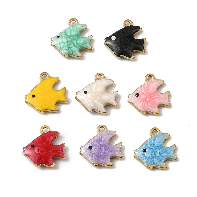 Fiske Vedhæng – Mixede Farver, Forgyldt (10x10x3mm) 8 stk - Uniq Perler - 115737