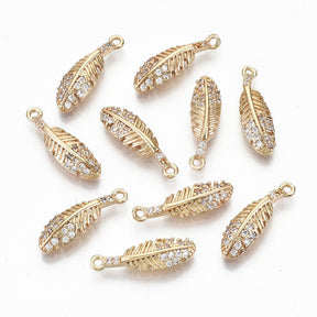 Feather Pendant with Cubic Zirconia – Durable gold plating (17x5x2.5mm) 2 pcs. - Uniq Perler - 117076