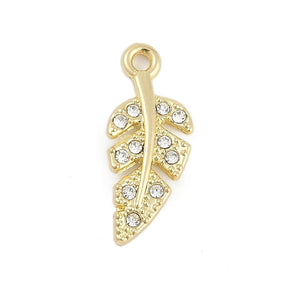 Feather Pendant With Zirconia Stones, 18K Gold-plated Brass, 21x9mm, 2 pcs. - Uniq Perler - 114128