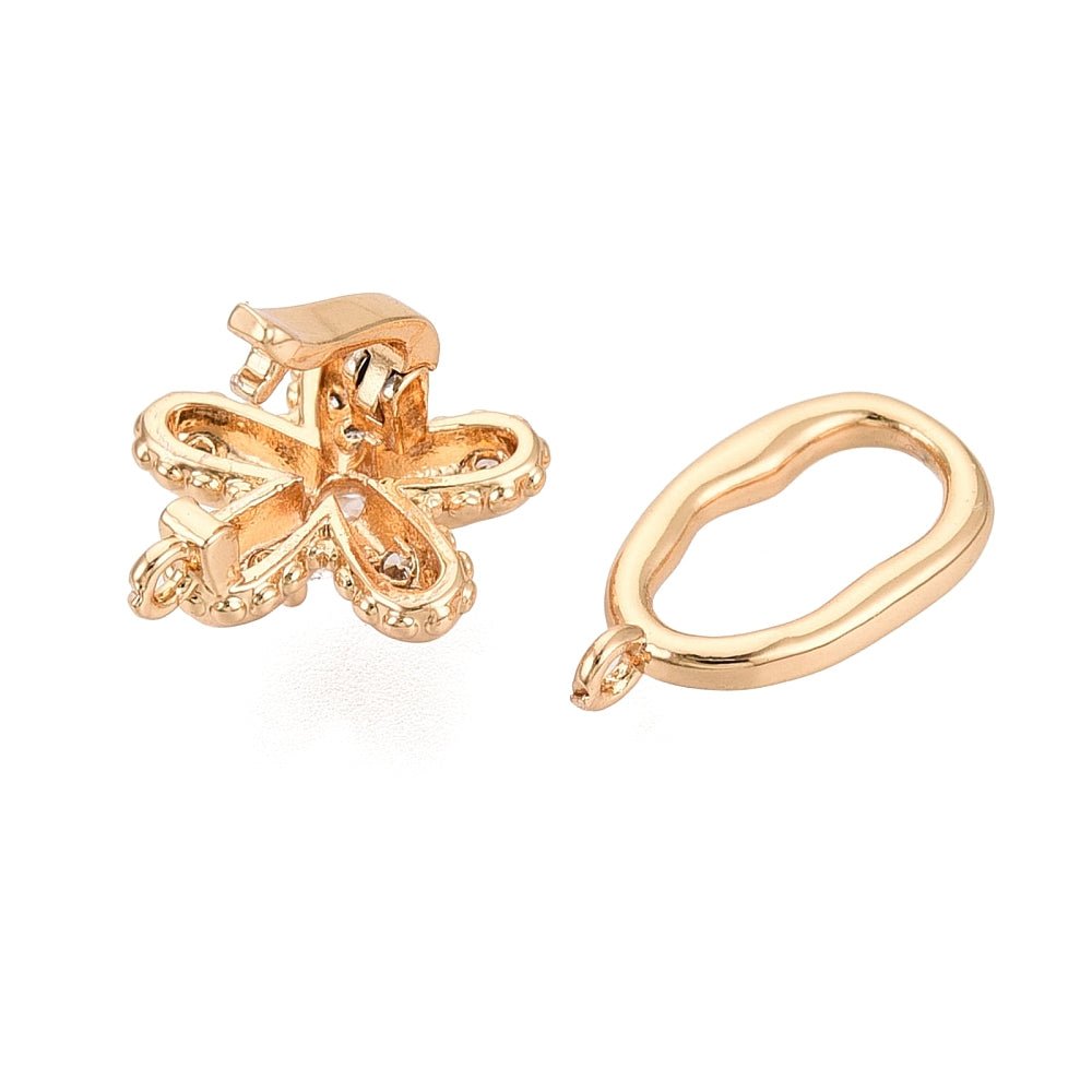 Foldelås Med Zirkonia – Blomst og Dråbe, 18K Forgyldt Messing (25,5mm) - Uniq Perler - 121247
