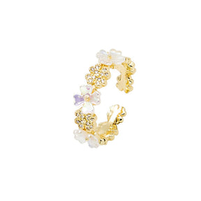 Vergoldet Verstellbarer Ring mit Blumen und Zirkonia - Uniq Perler - 114679