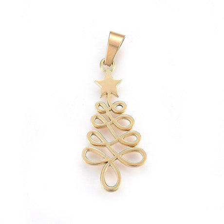 Forgyldt Stål Vedhæng – Juletræ med Stjerne, Vandfast (33x16mm) - Uniq Perler - 