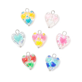 Glas Herz Anhänger – Mix Farben, platinfarbene Öse (17x13,5mm) 6 Stk - Uniq Perler - 115516