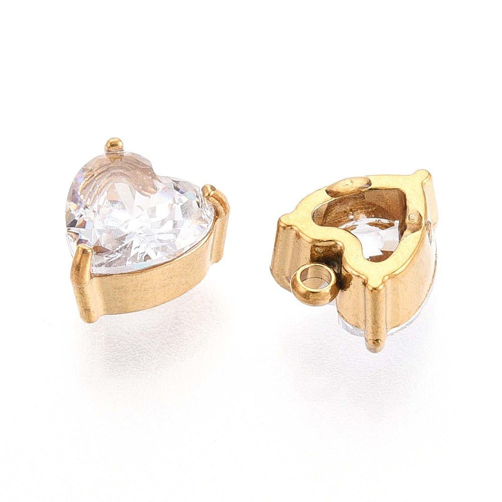 Glashjerte Vedhæng – Facetteret, Vandfast stål (8x6mm, Klar/Gylden) 2 stk. - Uniq Perler - 