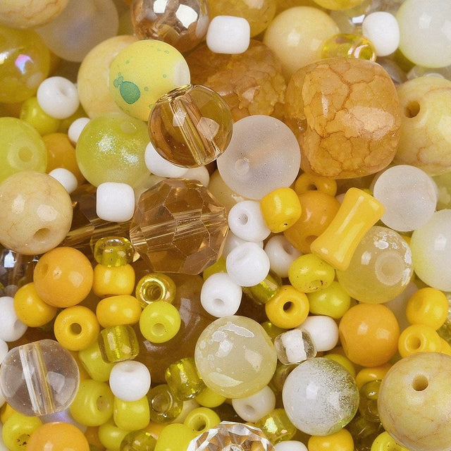 Glasperler – Gult Mix, Assorteret Størrelser og Modeller, 100g - Uniq Perler - 114811