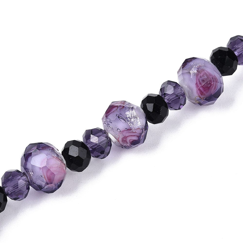 Glasperler Med Blomsterdetaljer – Lilla, Facetteret, Rondel (9 - 10x8mm) - Uniq Perler - 76931614567812898016799284