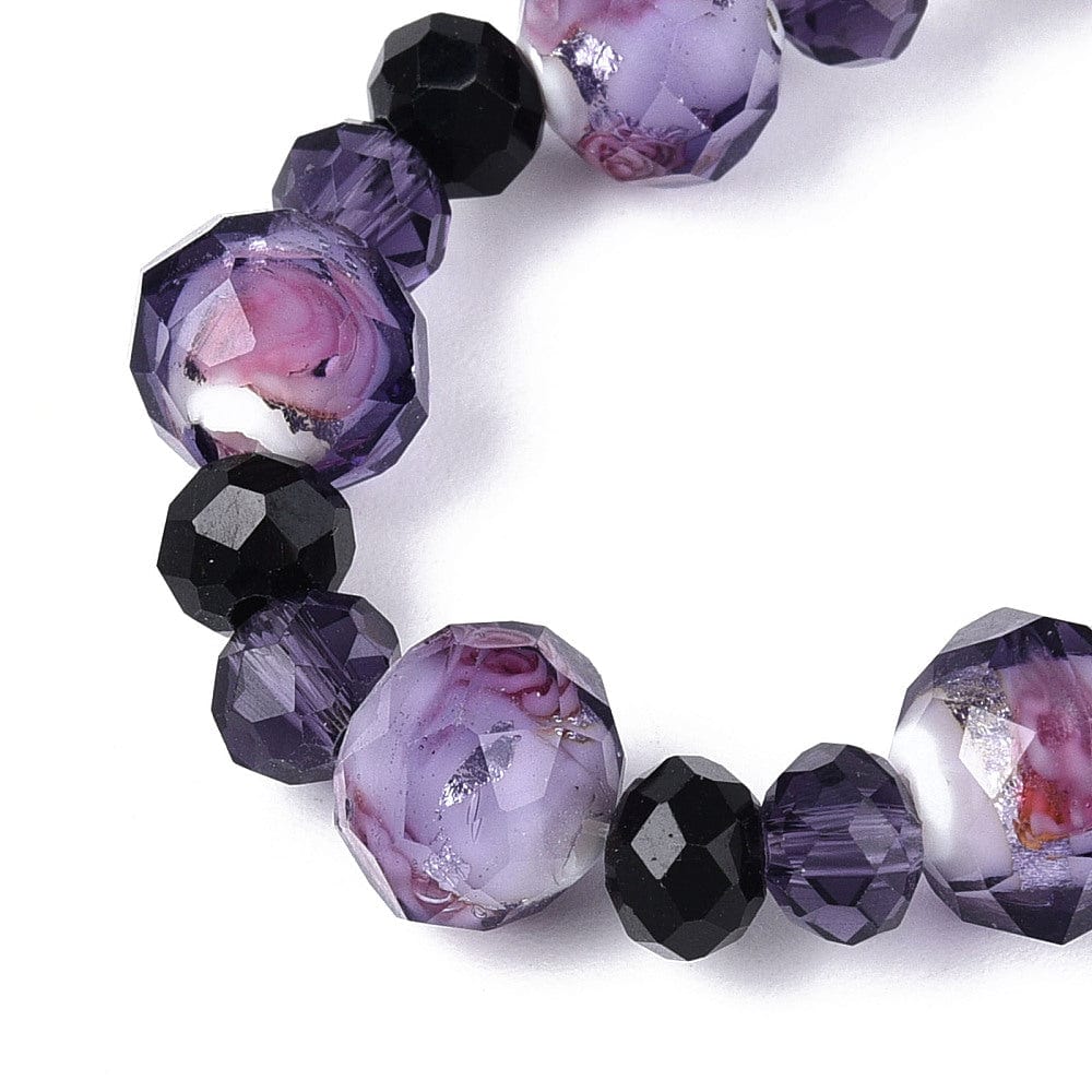 Glasperler Med Blomsterdetaljer – Lilla, Facetteret, Rondel (9 - 10x8mm) - Uniq Perler - 76931614567812898016799284