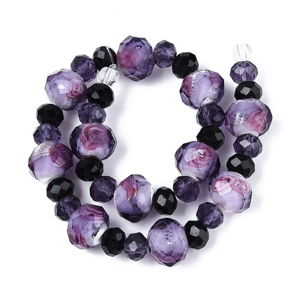 Glasperler Med Blomsterdetaljer – Lilla, Facetteret, Rondel (9 - 10x8mm) - Uniq Perler - 76931614567812898016799284