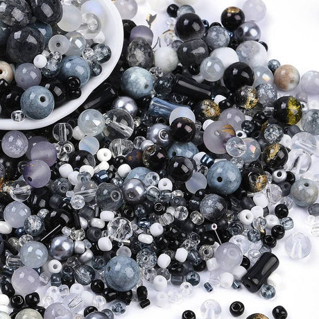 Glasperler Mix - Grå, Mix Størrelser og Modeller (2 - 13mm) 100g - Uniq Perler - 114555