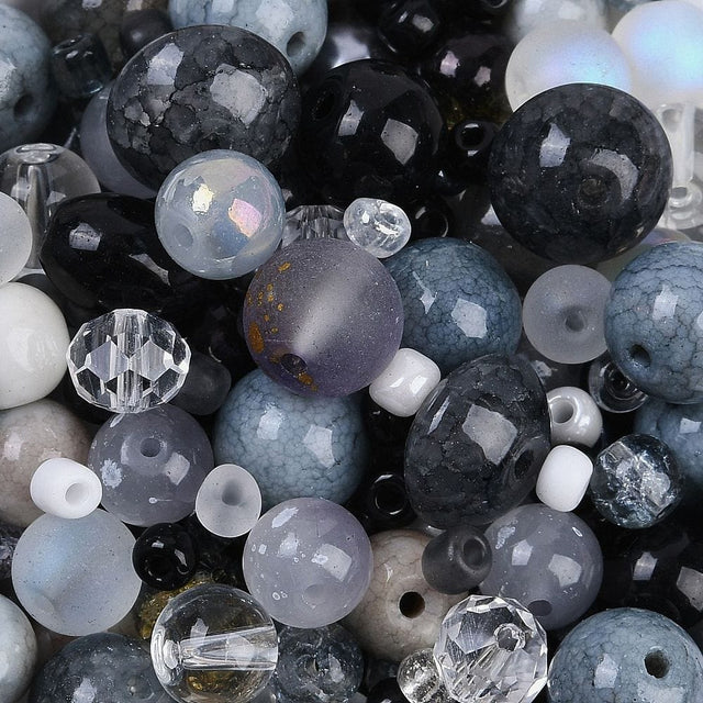 Glasperler Mix - Grå, Mix Størrelser og Modeller (2 - 13mm) 100g - Uniq Perler - 114555