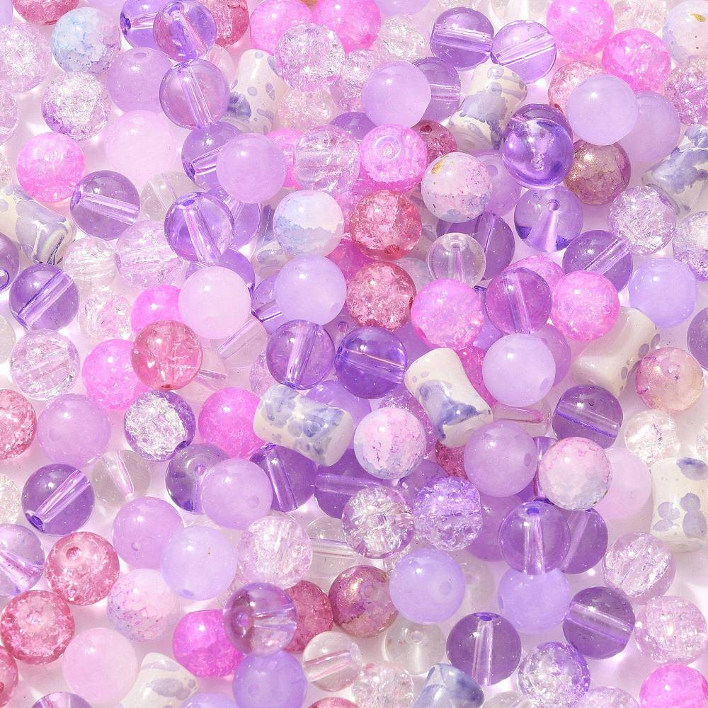 Glasperler – Pink/Lilla, Runde (8 - 10mm) Ca. 100g - Uniq Perler - 115881