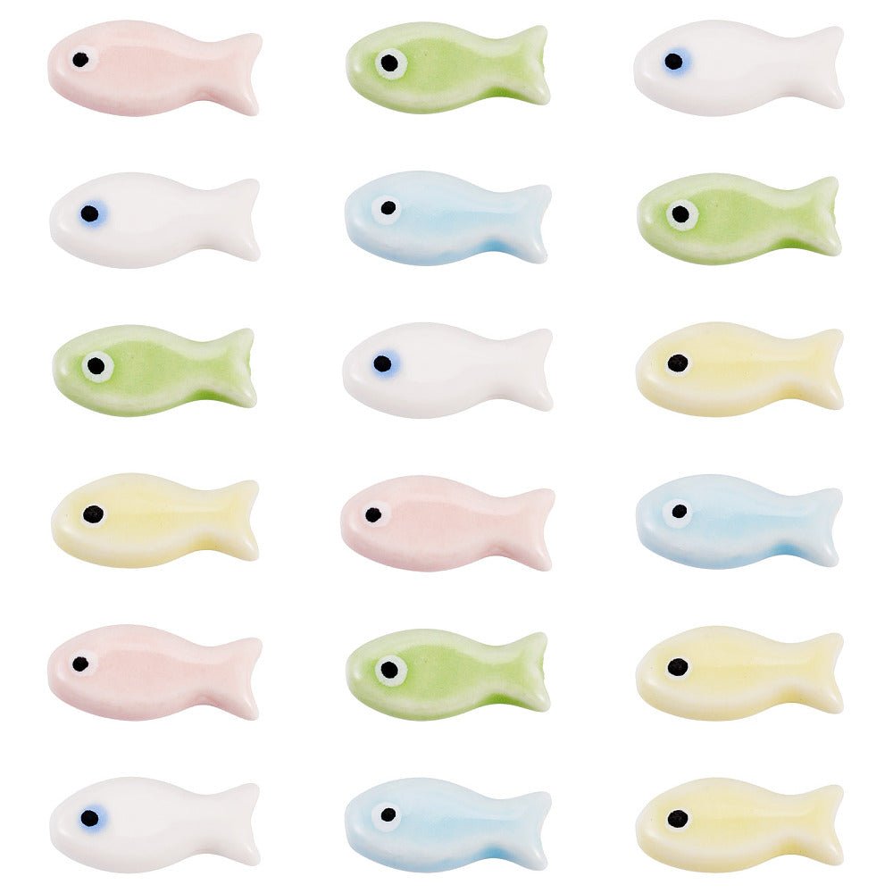 Håndlavede Fisk Porcelæn Perler – Farve Mix (9x20x6mm) 18 stk. - Uniq Perler - 121971