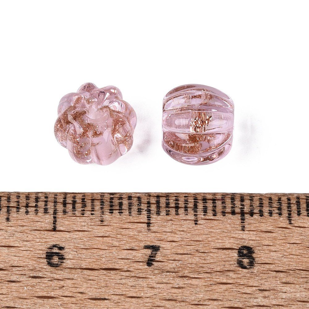 Håndlavede Lampwork Perler – Græskar, Pink Med Guldsand (8,5~9x7~8mm) 6 stk. - Uniq Perler - 122669